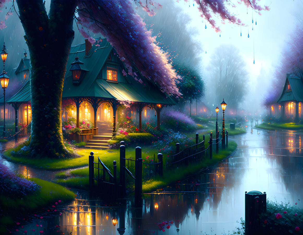"Rainy Springtime Serenity: A Cozy Village"