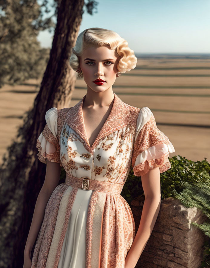 Vintage-styled woman in floral dress with classic waves hairstyle outdoors