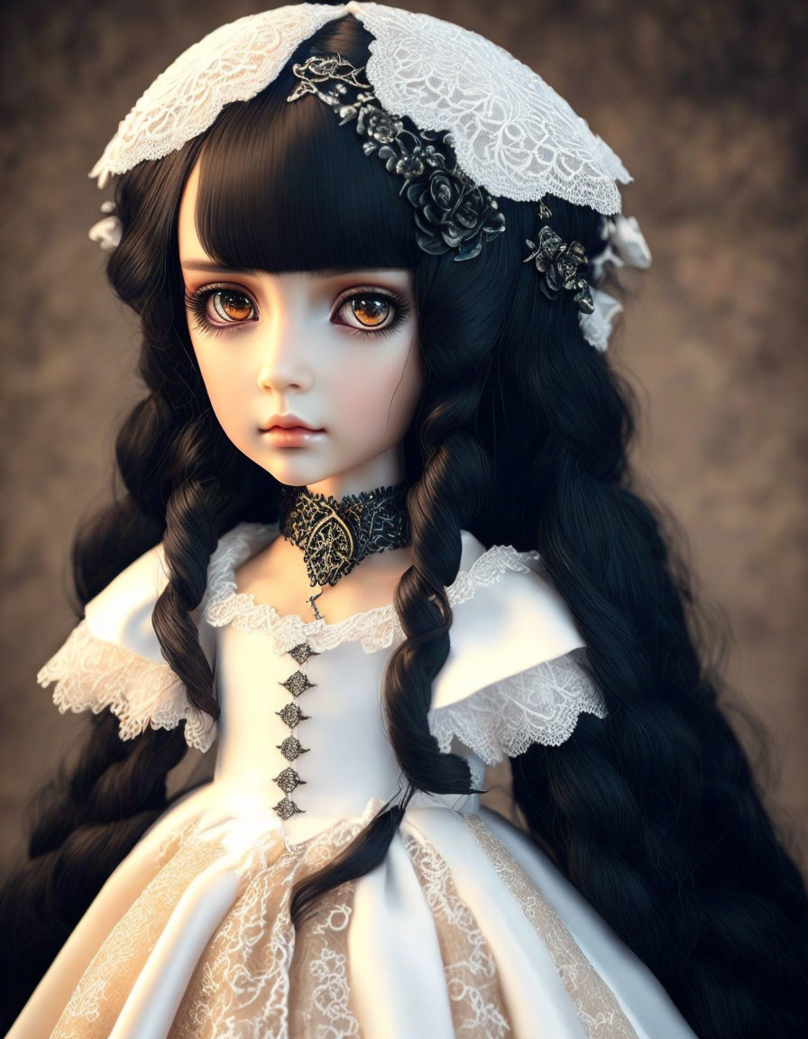 Porcelain doll with brown eyes, curly black hair, vintage white dress