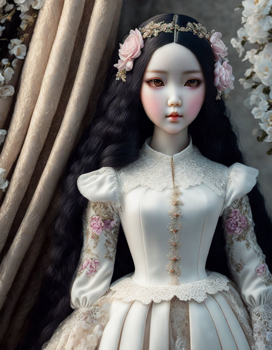 Porcelain doll with long black hair in white dress with floral headpiece