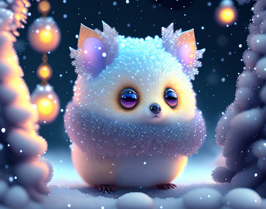 Fluffy round creature in snowy wintry scene with glowing ornaments