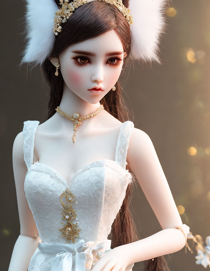 Dark-haired doll in gold and white attire gazes softly.