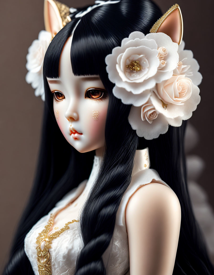Digital Artwork: Doll-Like Character with Cat-Like Ears and White Floral Accessories