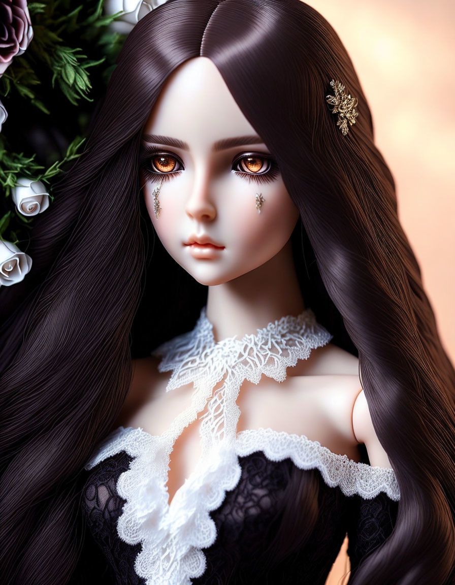 Detailed close-up of doll with long dark hair and lace attire against floral background
