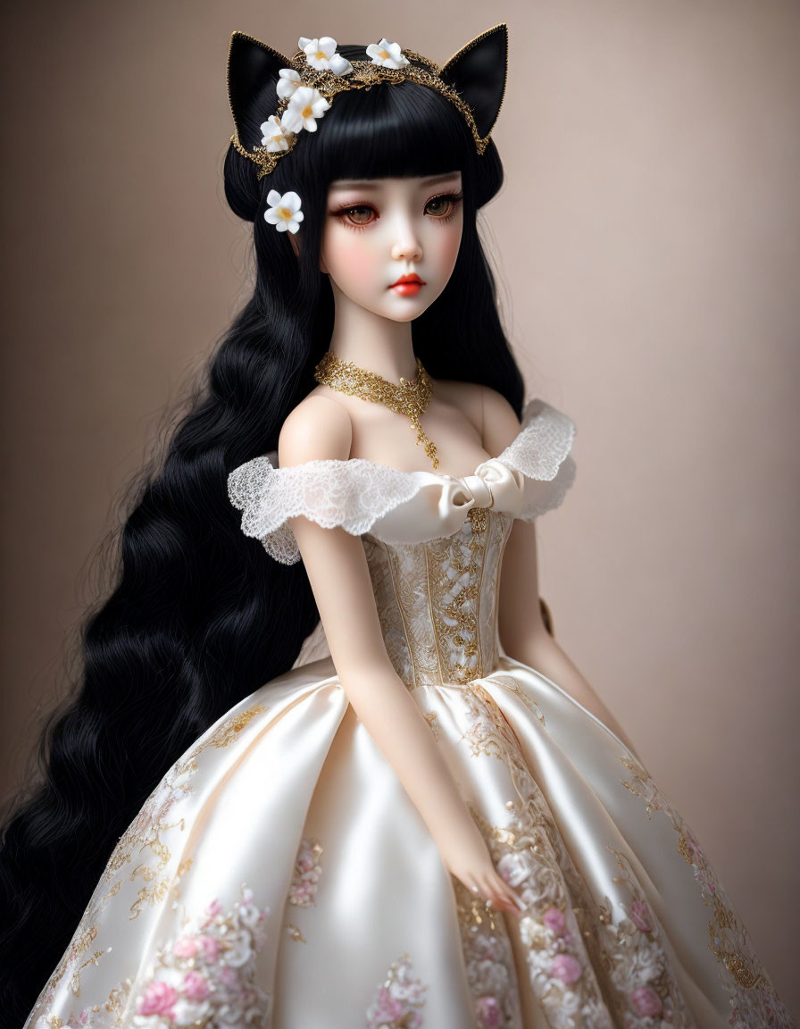 Black-Haired Doll with Cat Ears in Gold and White Dress