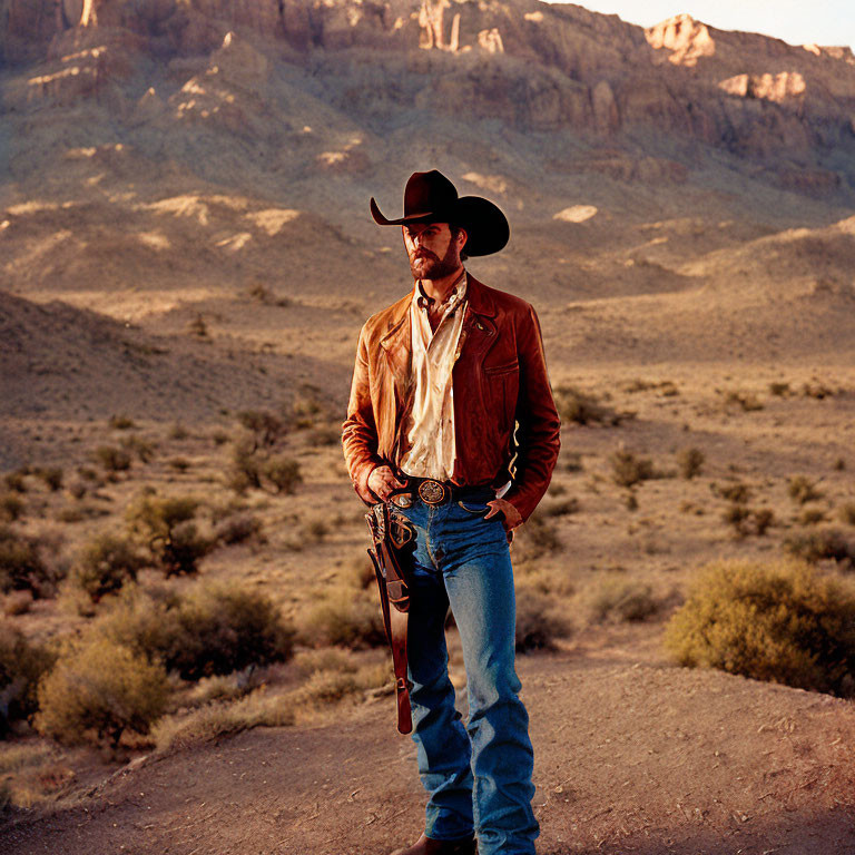 Cowboy in wide-brimmed hat and leather jacket in desert landscape