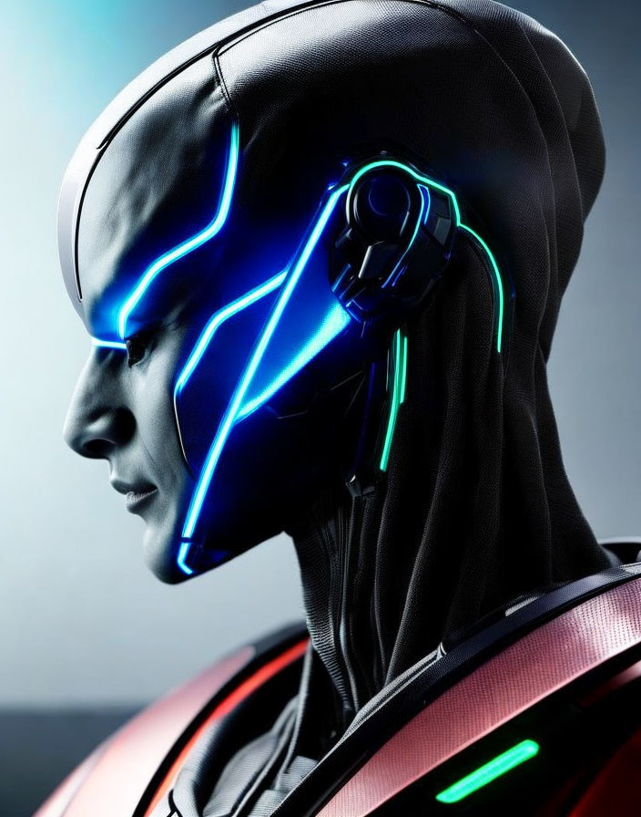 Person with Cybernetic Enhancements: Glowing Blue Lines, Futuristic Profile