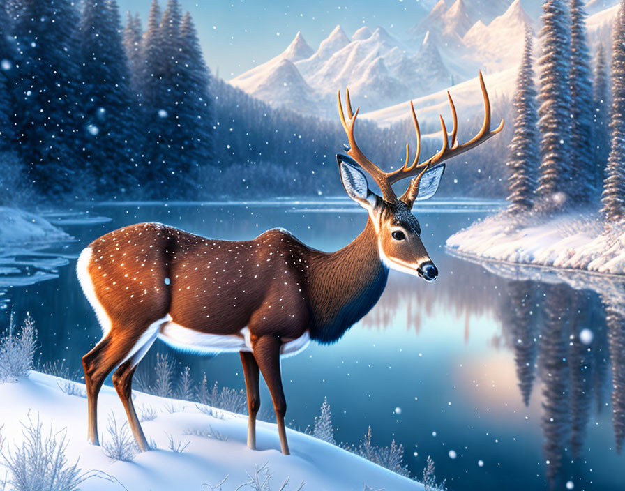 Majestic deer by tranquil winter river with snowy mountains
