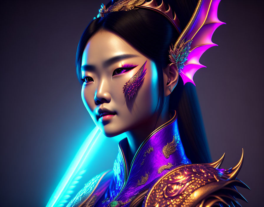 Futuristic digital art portrait of a woman in golden dragon armor
