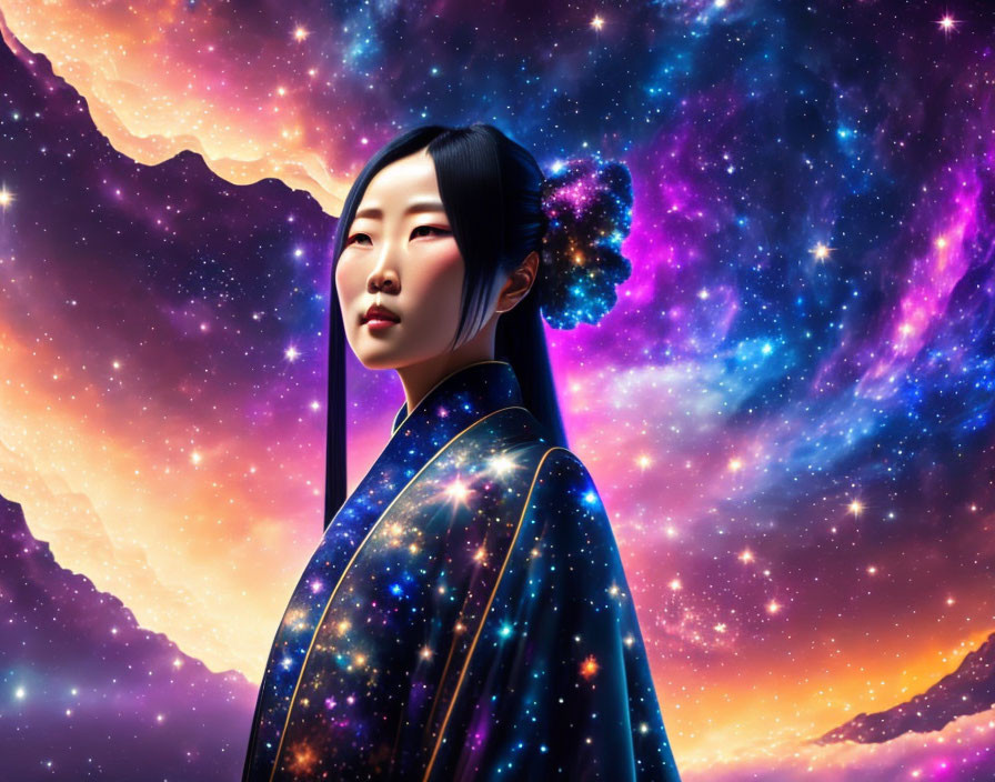 Ethereal woman blending with cosmic background in serene ambiance