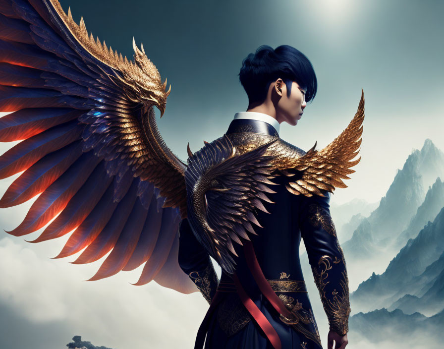 Majestic fantasy art: person with golden wings in ornate attire, mountains and clouds.