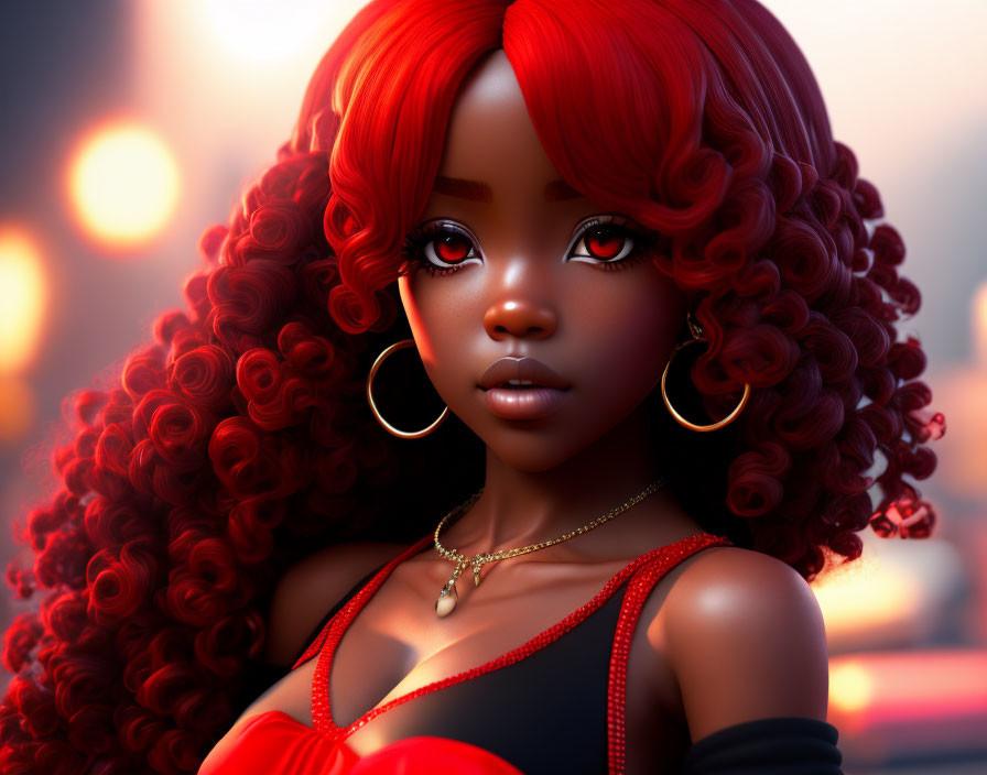 Voluminous red curly hair woman in 3D illustration