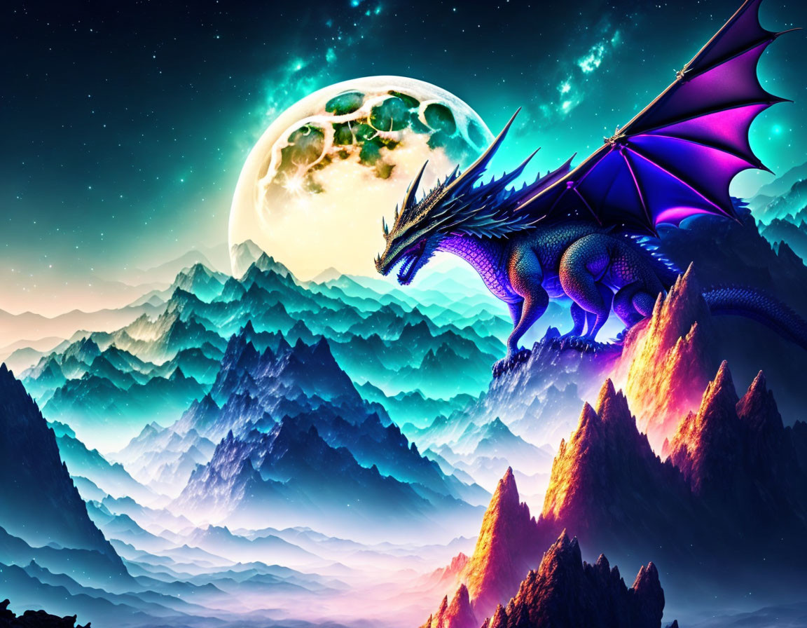 Majestic dragon on misty mountains with full moon