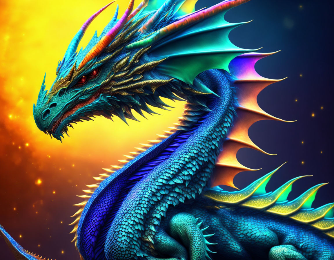 Detailed blue dragon digital art with fiery wings on cosmic background