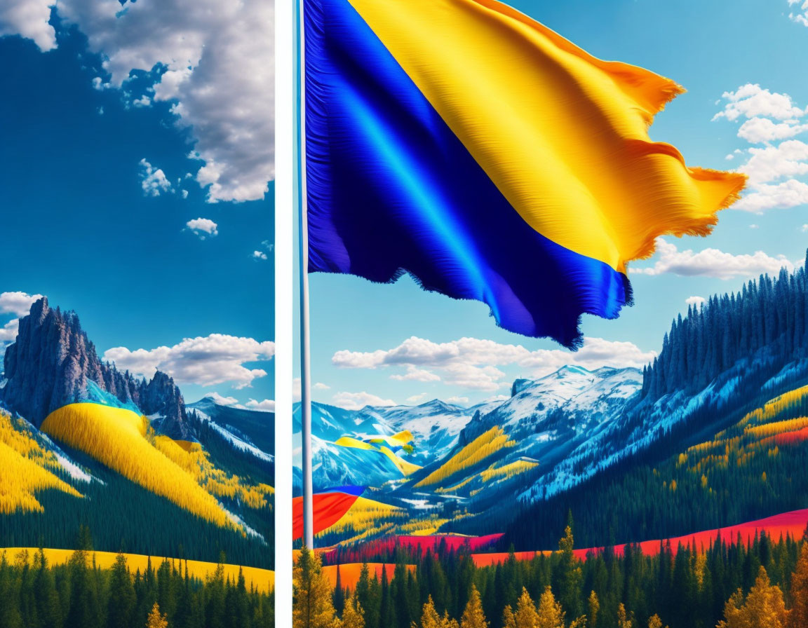 Split image: Vibrant Ukrainian flag and autumn mountain landscape