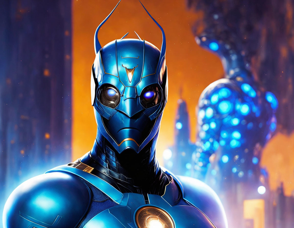 Blue and Gold Futuristic Armored Suit with Glowing Eyes and Chest Reactor Against Sci-Fi City