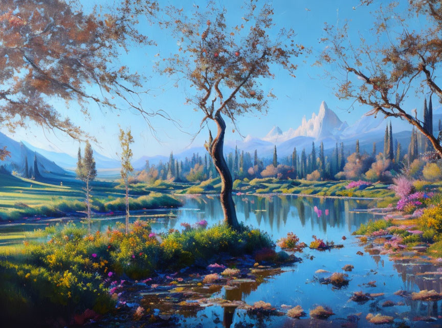 Tranquil landscape with vibrant flowers, lush trees, river, and mountains