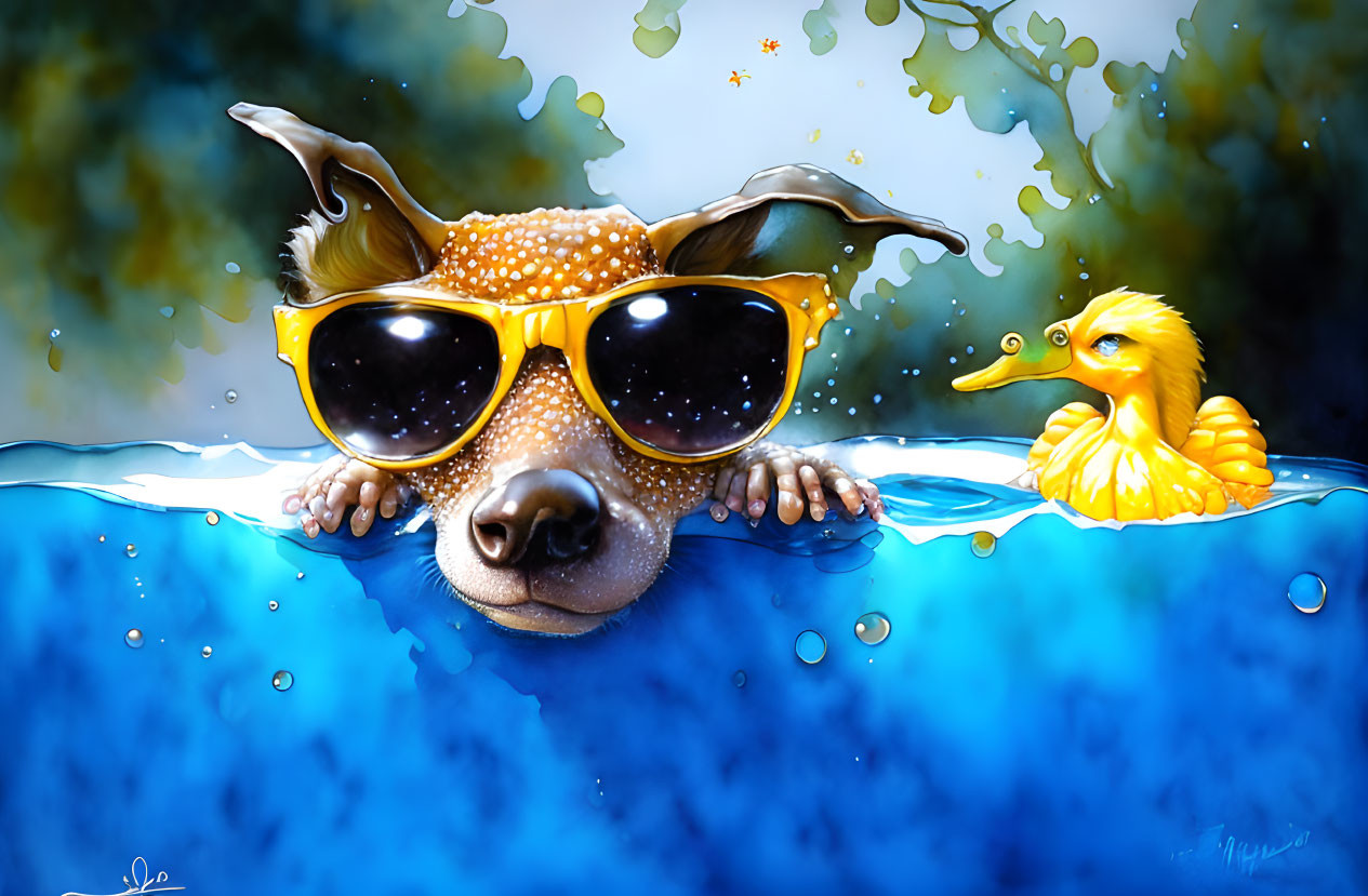   cute,dog,drop,duck,summer, sunglasses,