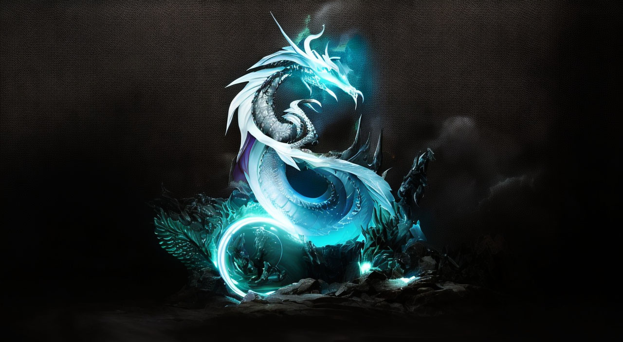 Blue Dragon Coiled Around Glowing Orb on Dark Textured Background