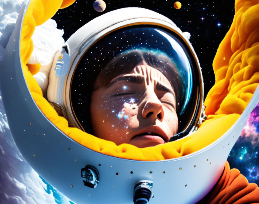 Astronaut in reflective visor surrounded by surreal space imagery