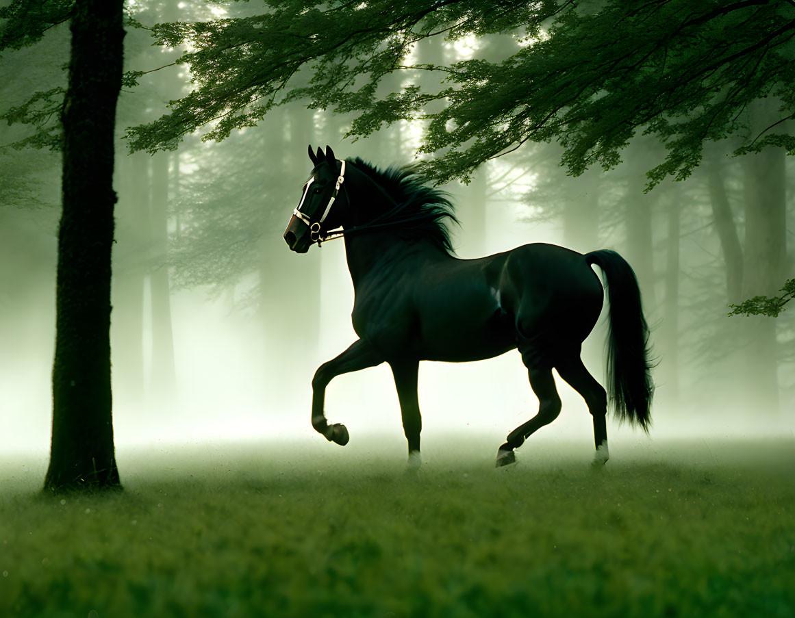 Morning walk of a elegant black horse