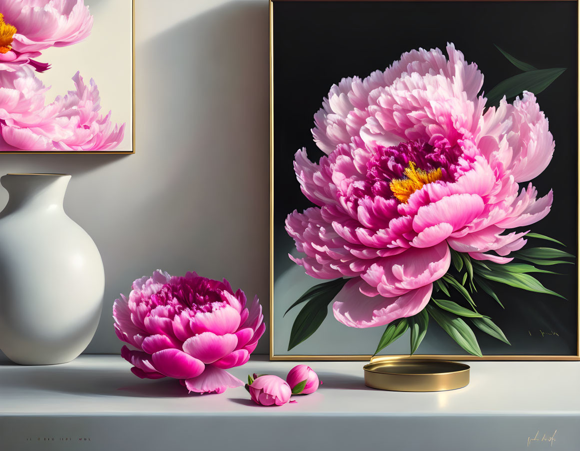 Realistic painting of vibrant pink peonies in white vase under soft lighting
