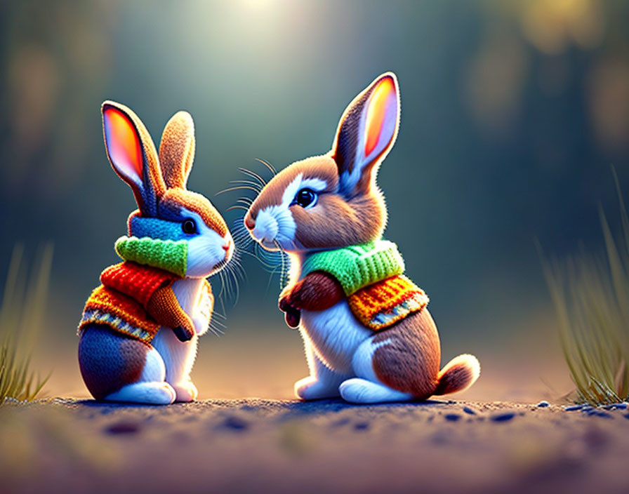 Colorful Scarf-Wearing Animated Rabbits on Forest Path at Dusk
