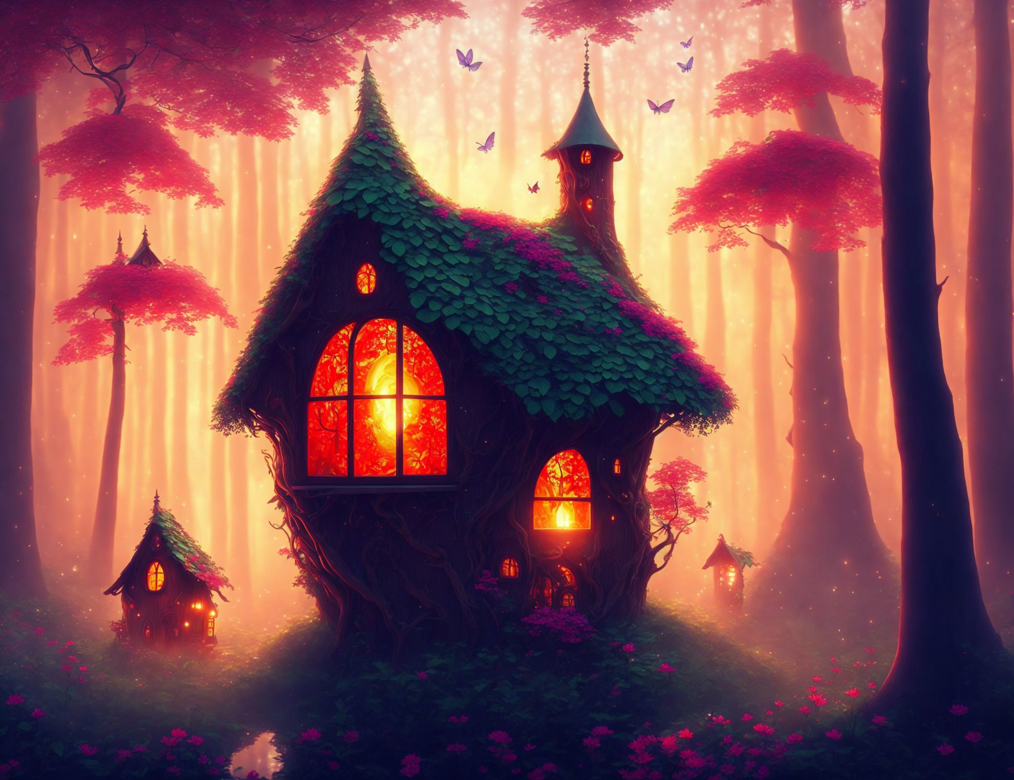 Whimsical house among purple trees in magical forest at dusk