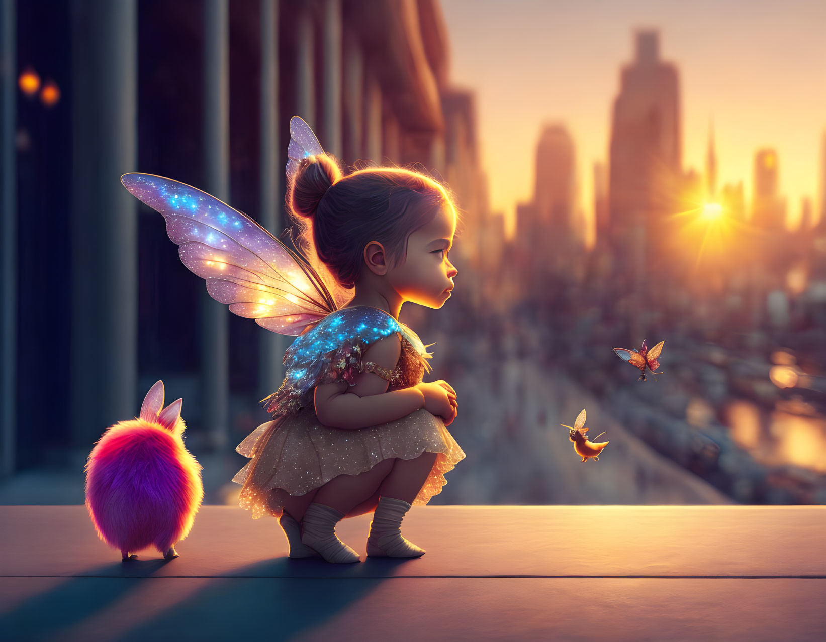 Child with fairy wings and fluffy creature watching cityscape sunset and butterflies