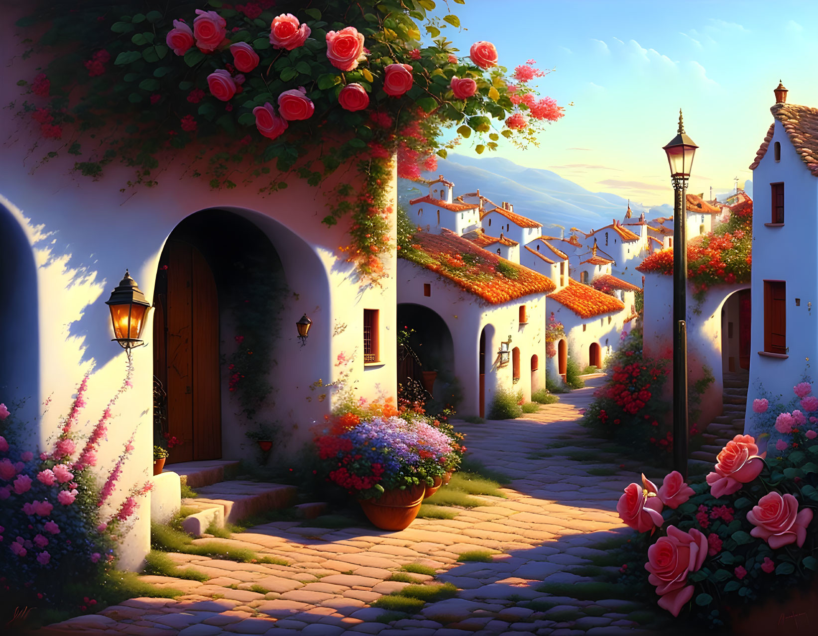 White houses, blooming flowers, cobblestone paths in a warm sunset scene