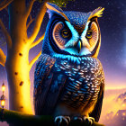 Detailed Owl Perched on Branch in Enchanted Night Scene