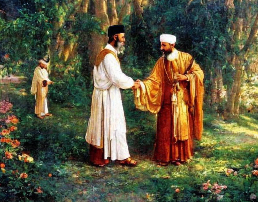 Men in traditional attire handshake in forest, observed by another man among lush greenery.