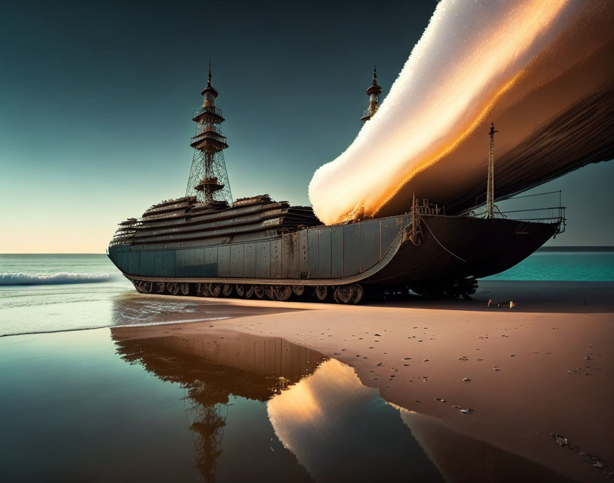 Surreal Ship with Baroque Architecture Features on Wet Beach at Sunset