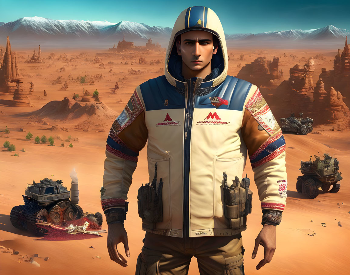Futuristic astronaut-like suit in desert with mountains and rugged vehicles