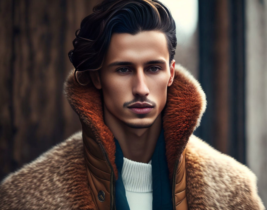 Stylish young man in fur-lined coat gazes into distance