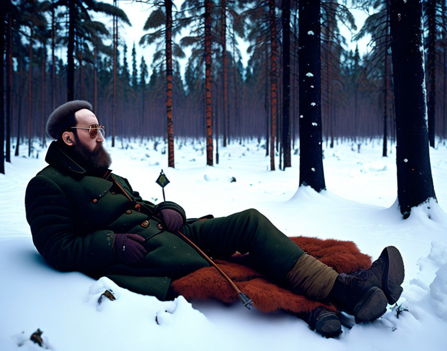 Person in Green Coat and Fur Garment Lying in Snow with Forest Background
