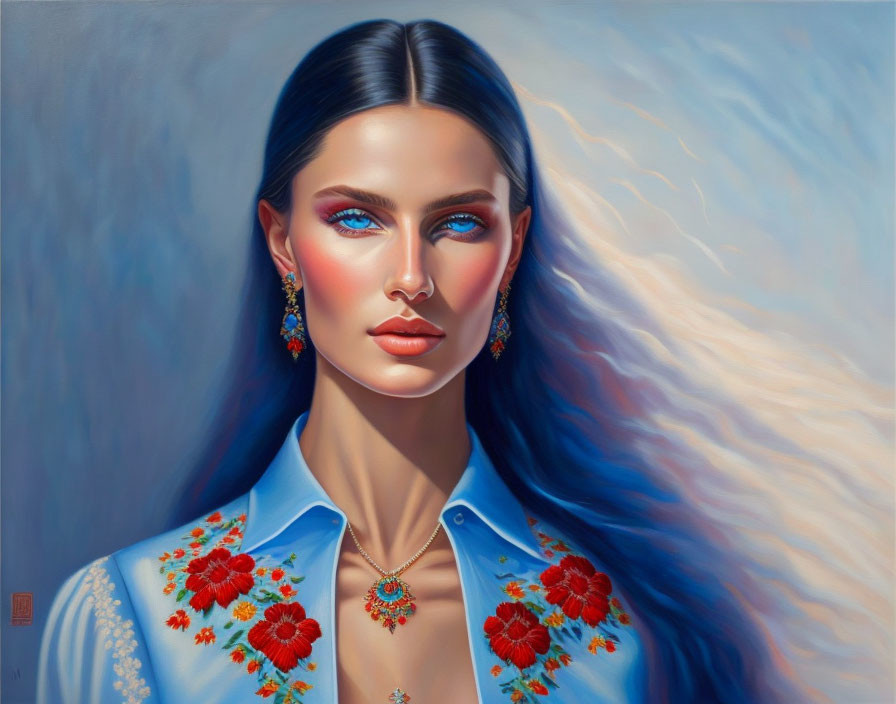 Portrait of Woman with Blue Eyes and Long Wavy Hair in Blue Shirt with Red Floral Embroidery