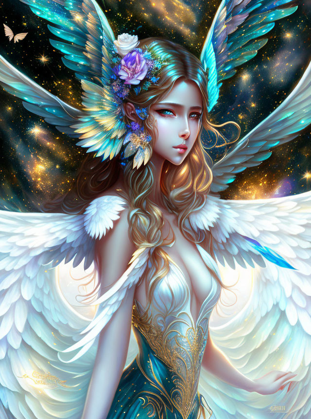 Fantasy illustration of angelic figure with blue and white wings & golden attire