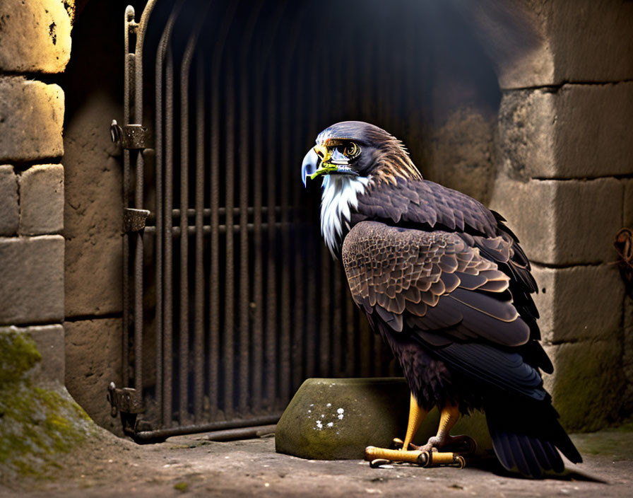 Brown and black feathered eagle perched near a bowl with blurred gate and illuminated backdrop