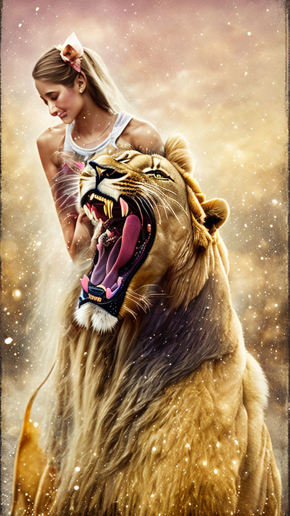 Girl tearing the mouth of a lion
