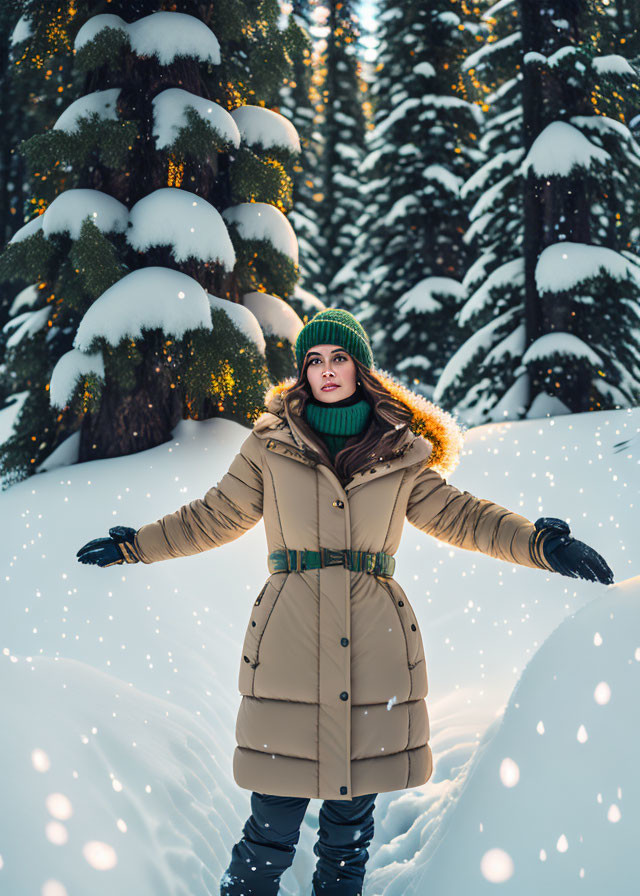 Woman in Winter Coat Standing in Snowy Forest