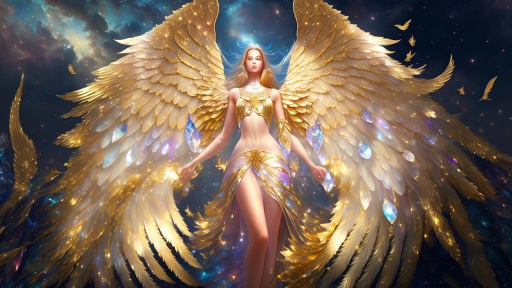  Angel woman with big golden wings. 