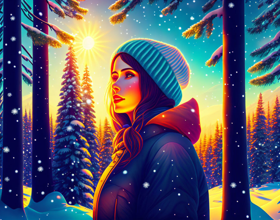 Digitally illustrated woman in winter scene with snowflakes, pine trees, sun.