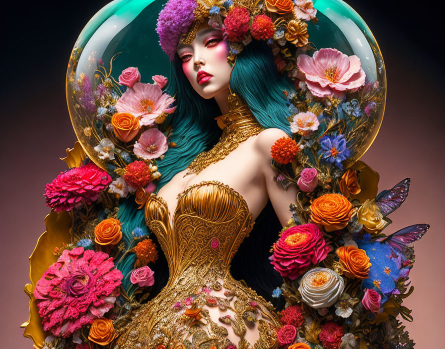 Teal-Haired Woman in Golden Corset Surrounded by Flowers and Butterflies