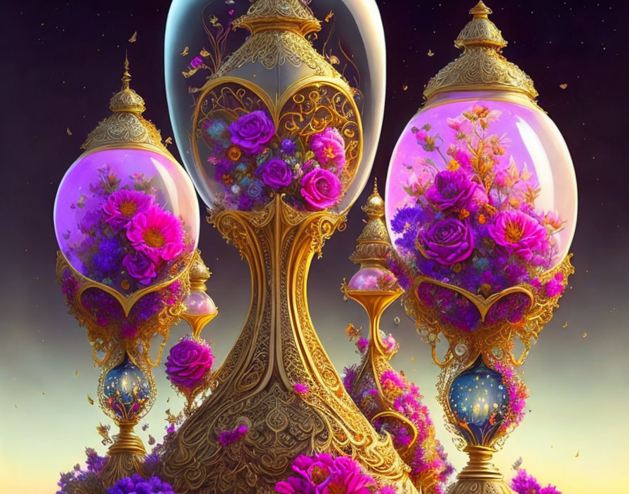 Fantastical perfume bottle with gold details and violet flowers on twilight sky