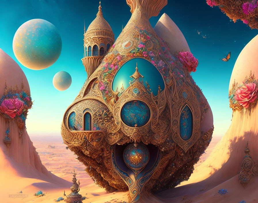 Vibrant desert landscape with ornate onion dome and floating planets.