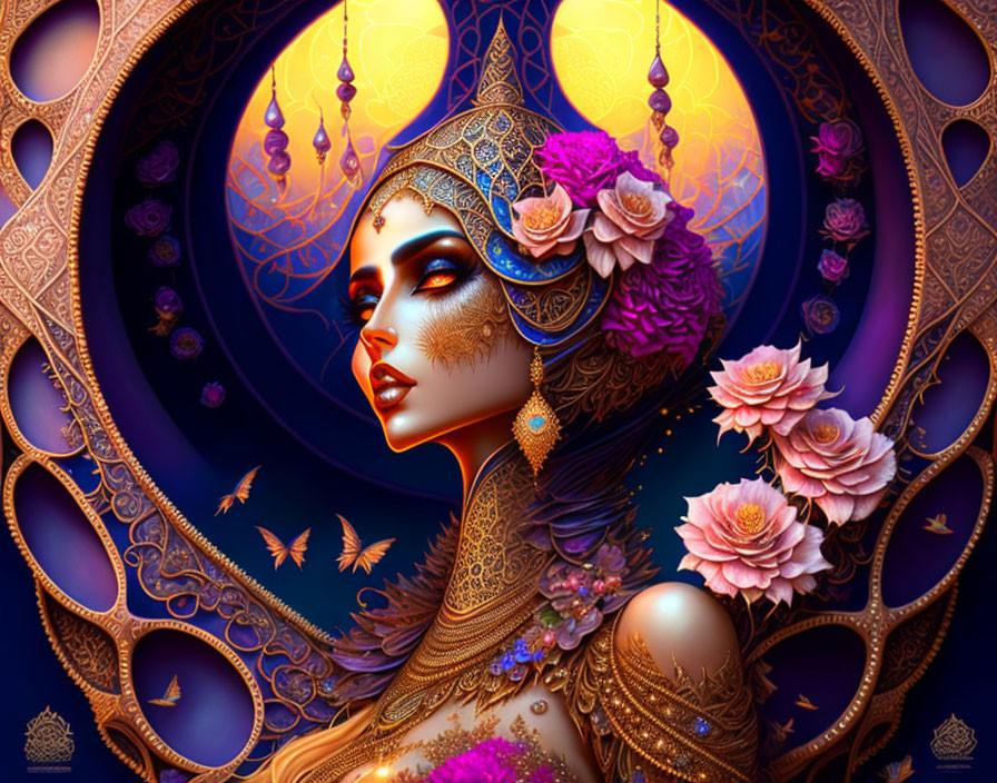 Digital artwork of woman with gold jewelry and floral details in butterfly and lantern setting