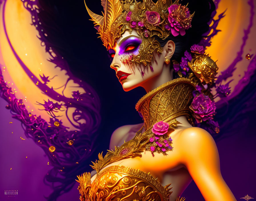 Woman with golden floral mask and ornate jewelry on violet swirl backdrop