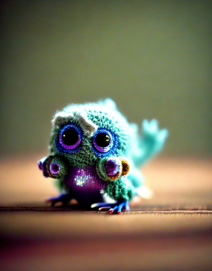 Colorful Fuzzy Toy Creature with Four Eyes and Tail on Blurred Background