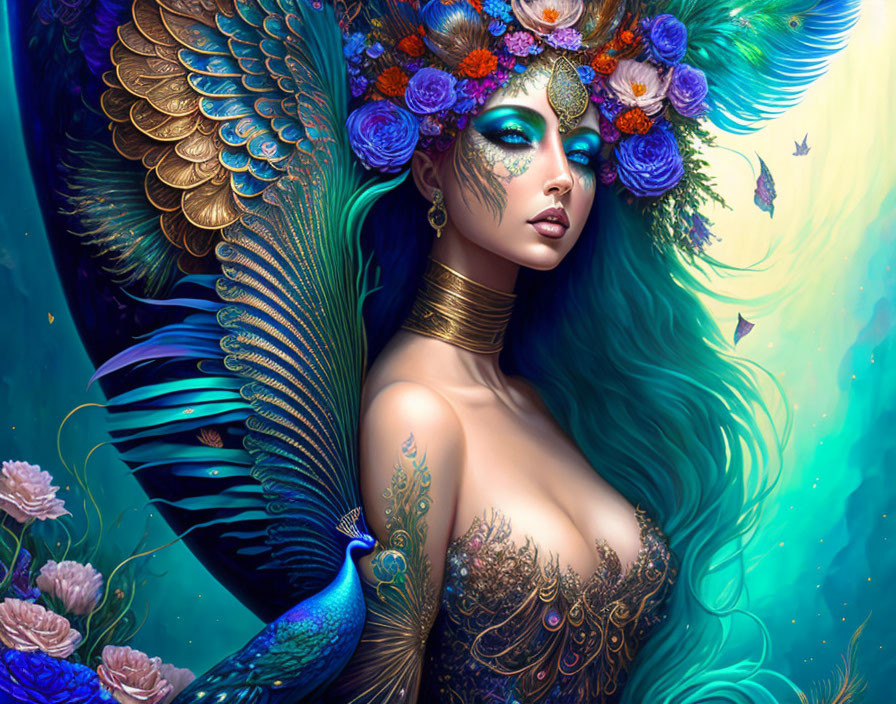Teal-haired female figure with peacock features and golden tattoos on blue background